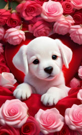 a dog lying in a bouquet of pink roses