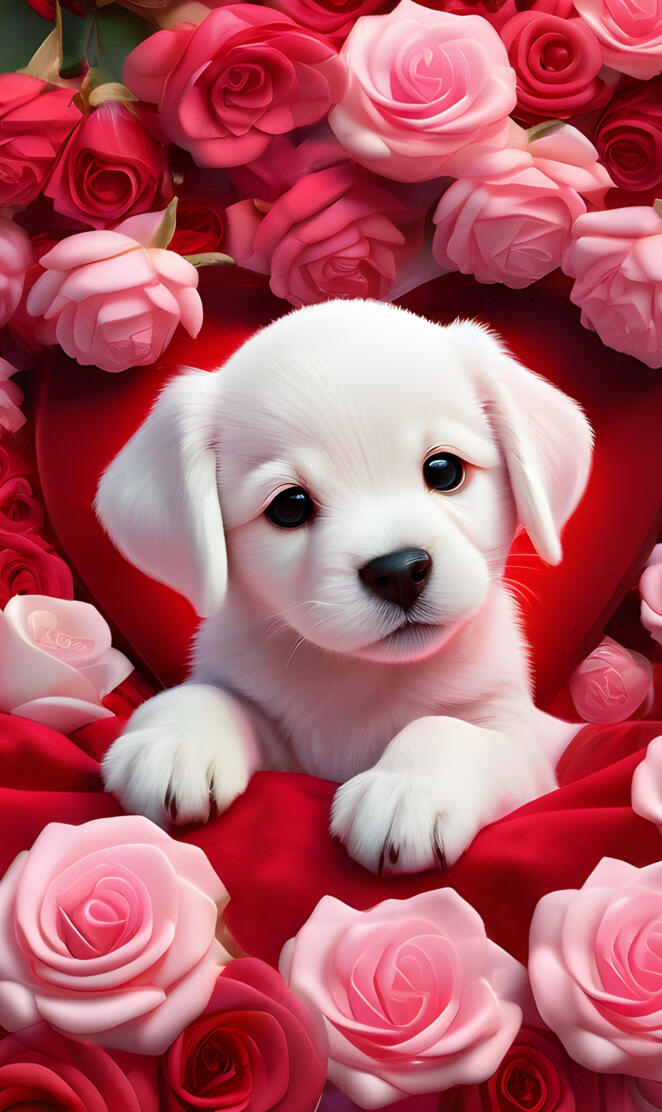 a dog lying in a bouquet of pink roses