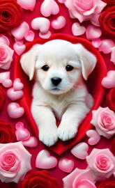 a puppy in a bouquet of pink roses