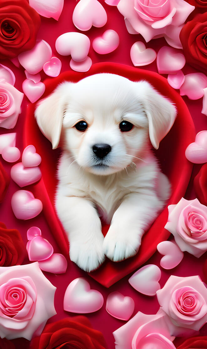 a puppy in a bouquet of pink roses