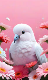 a white bird with a blue beak surrounded by pink flowers