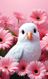 a white bird with pink flowers