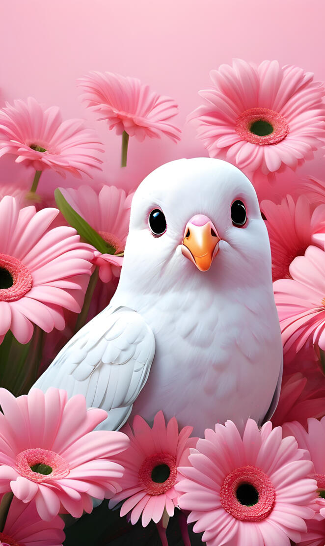 a white bird with pink flowers