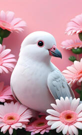a white bird with pink flowers