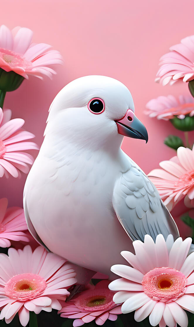 a white bird with pink flowers