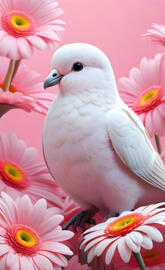 a white bird with pink flowers