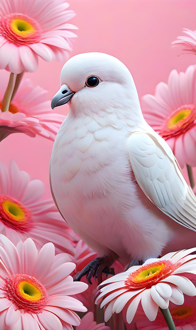 a white bird with pink flowers