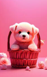 a small white dog in a basket