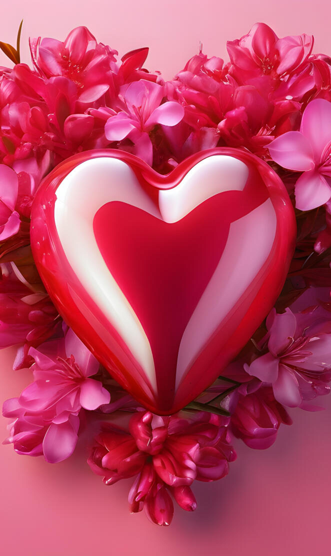 a red heart shaped cake with pink flowers on top