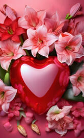 a red vase with pink flowers