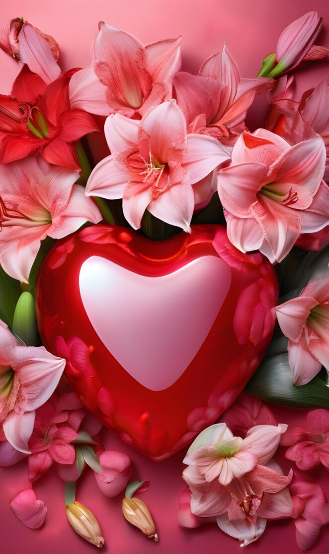 a red vase with pink flowers