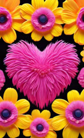 a pink flower surrounded by yellow and pink flowers