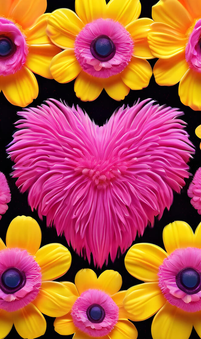 a pink flower surrounded by yellow and pink flowers