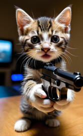 A kitty pointing a toy pistol towards you