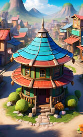 a colorful building with a pointed roof