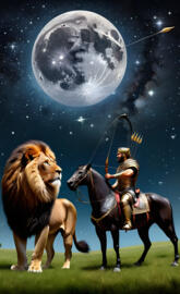 a person riding a horse with a fierce lion next to them