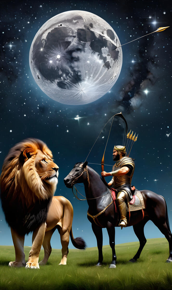 a person riding a horse with a fierce lion next to them