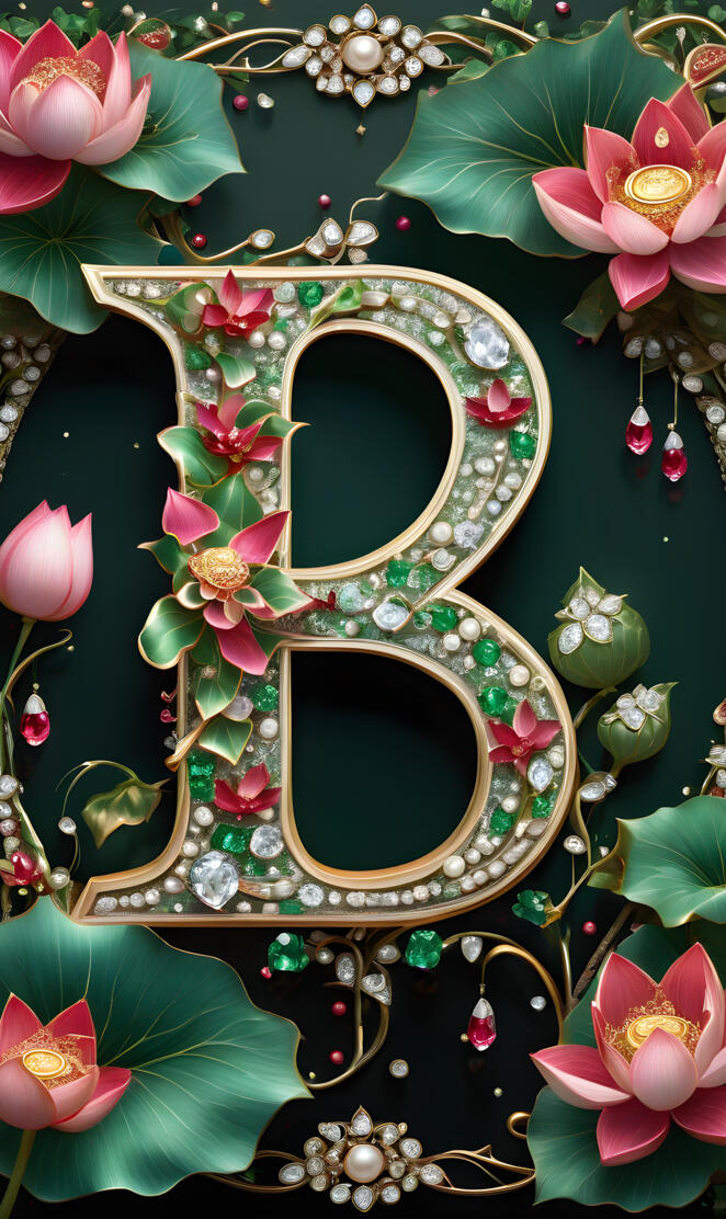 letter B with pink lotus and diamonds
