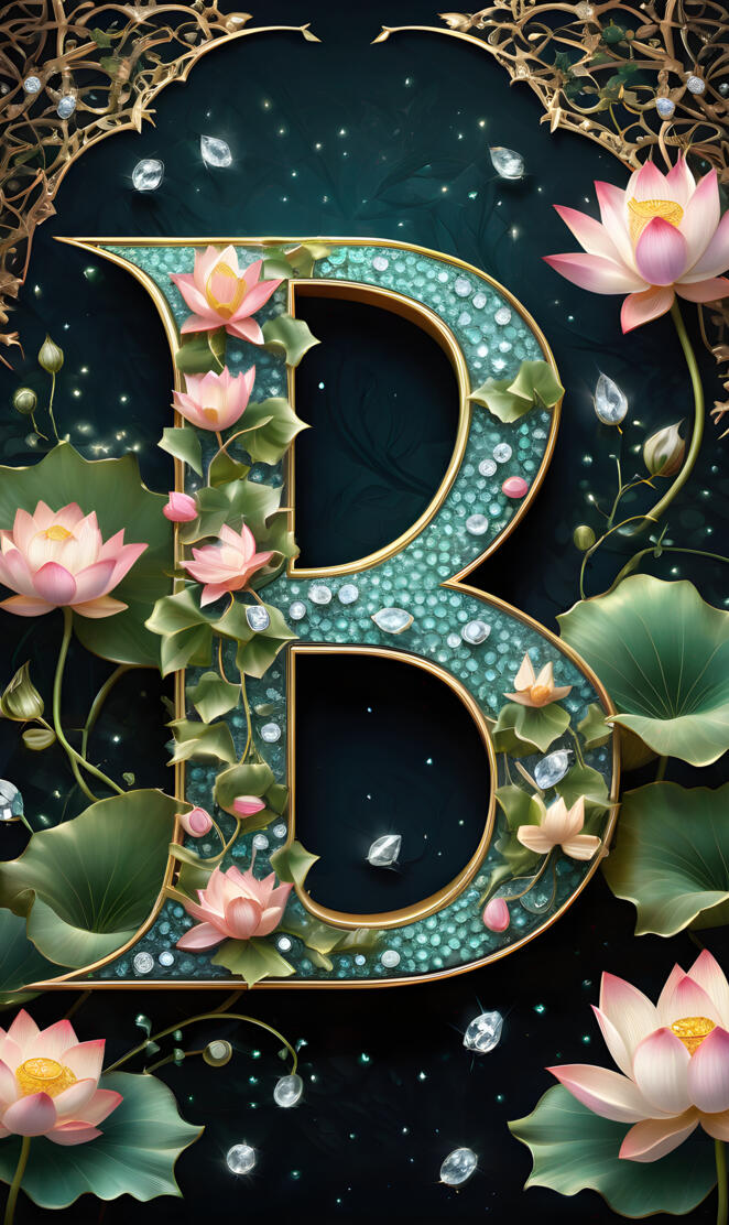 letter B with lotus and diamonds