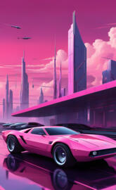 a pink and purple sky with a group of cars parked in front of a