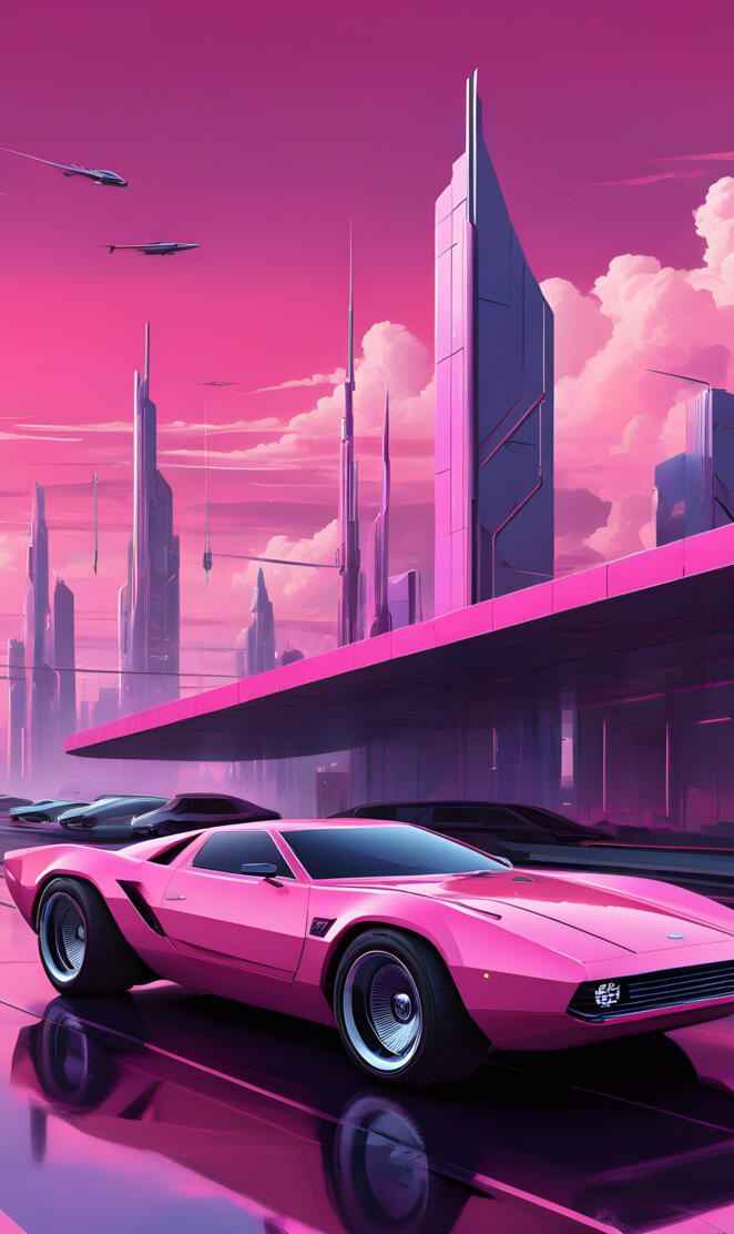 a pink and purple sky with a group of cars parked in front of a