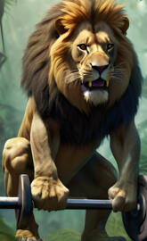 Lion doing barbell squat, gym , motivation,