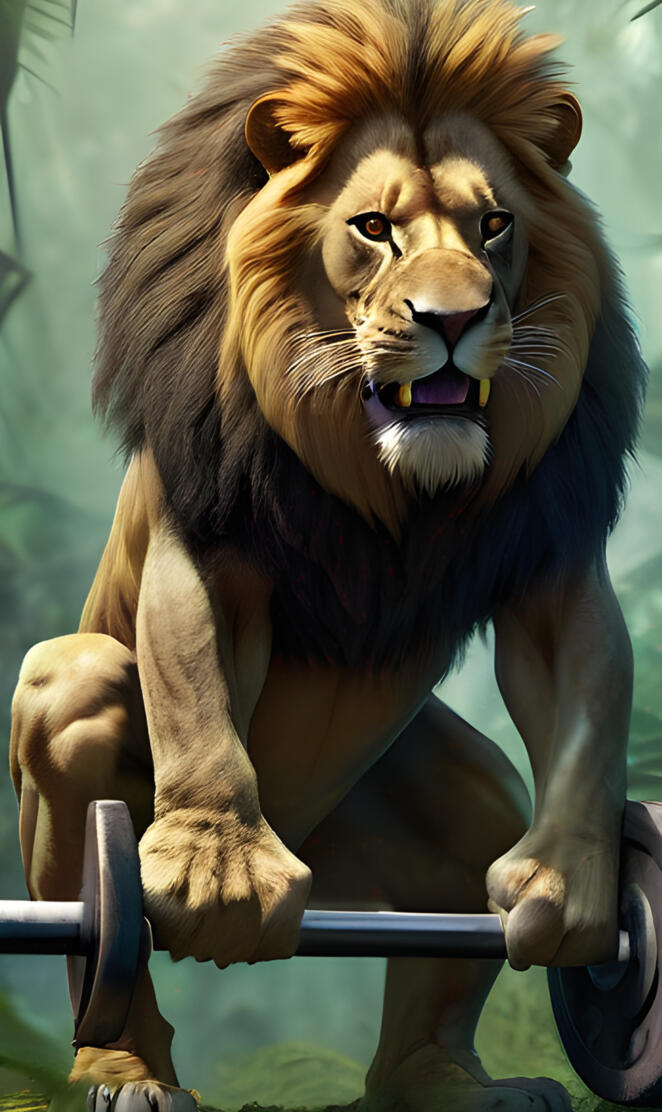 Lion doing barbell squat, gym , motivation,