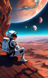 a person in a space suit holding a cell phone