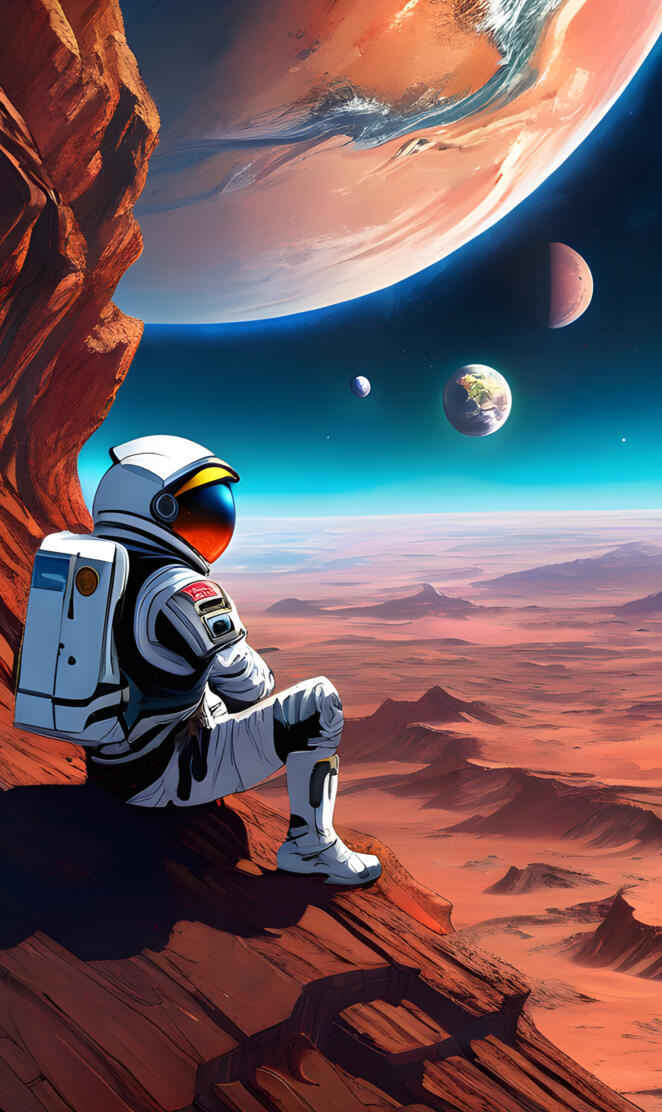 a person in a space suit holding a cell phone