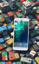 a group of cell phones with pixel above