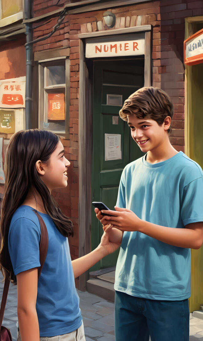 a boy and girl looking at a cell phone