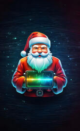 a figurine of a santa claus holding a cell phone