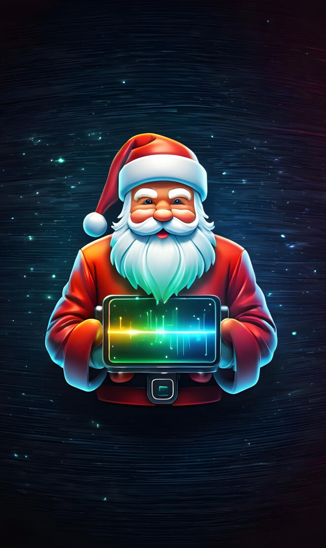 a figurine of a santa claus holding a cell phone