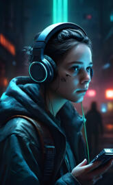 a person wearing headphones and looking at a cell phone