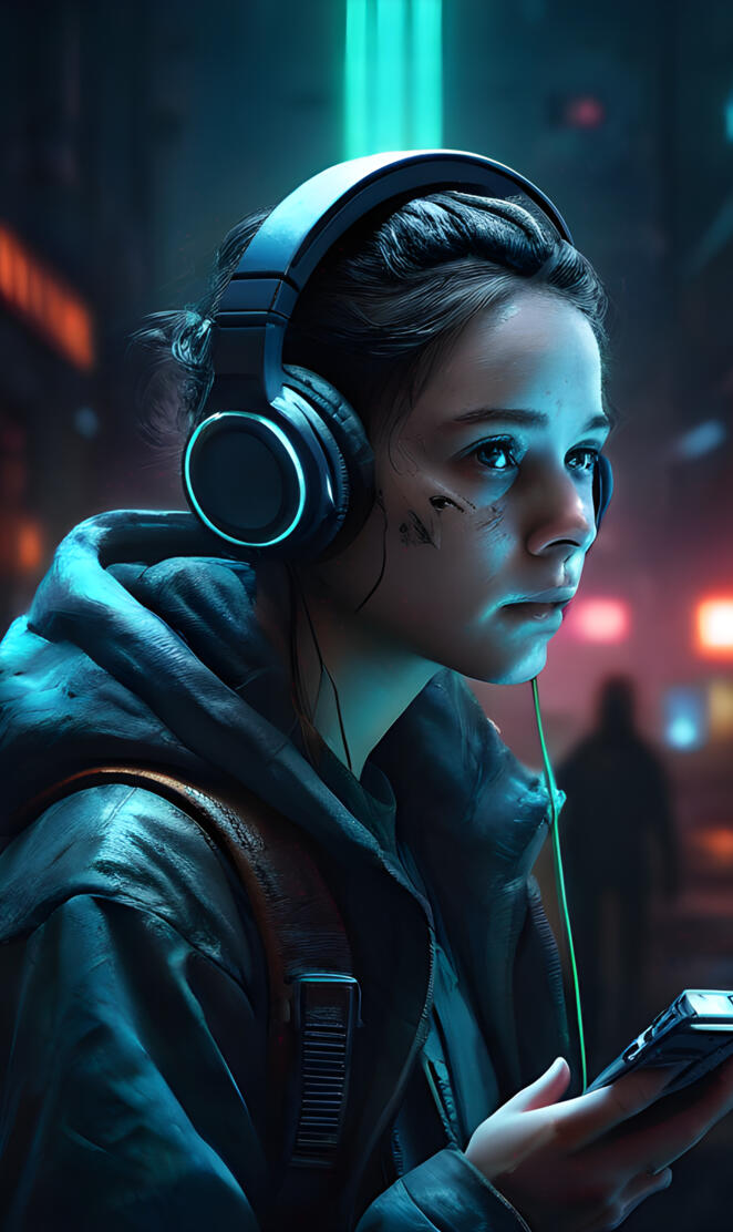 a person wearing headphones and looking at a cell phone