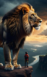 magical scene, somewhere in africa,at night,a young male lion silhouet