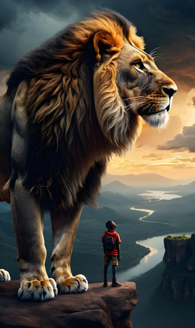 magical scene, somewhere in africa,at night,a young male lion silhouet