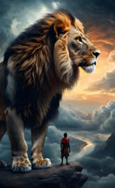 magical scene, somewhere in africa,at night,a young male lion silhouet