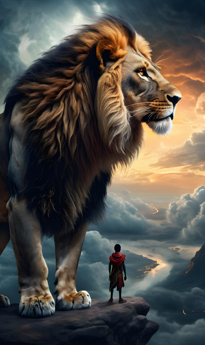 magical scene, somewhere in africa,at night,a young male lion silhouet