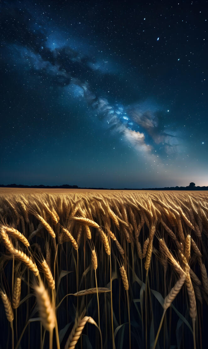 a field of wheat under a starry sky
