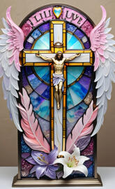 a religious figure on a window