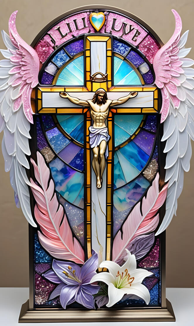 a religious figure on a window