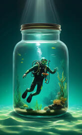 a glass jar with a toy figure