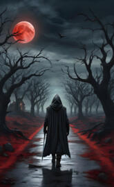 Hooded figure walking alone on stone road