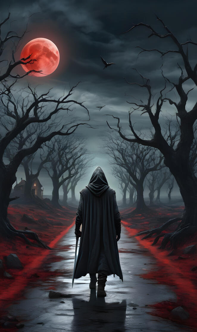 Hooded figure walking alone on stone road