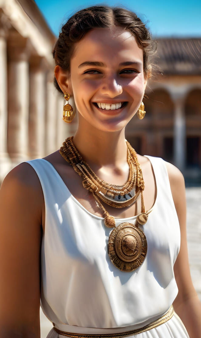 Roman Empire-a woman smiling with a gold necklace