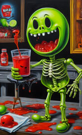 a green alien figure with a red cup and a red cup
