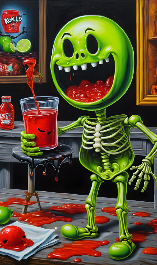 a green alien figure with a red cup and a red cup