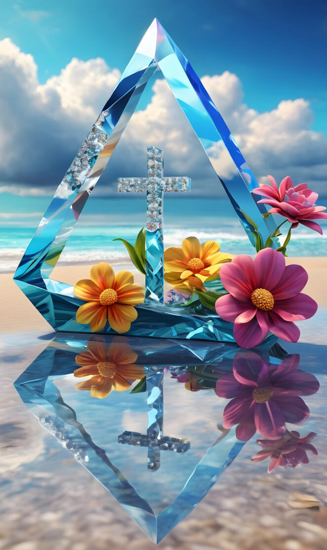 cross figure in diamond shaped mirror on beach