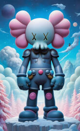 a toy figure in front of a blue background